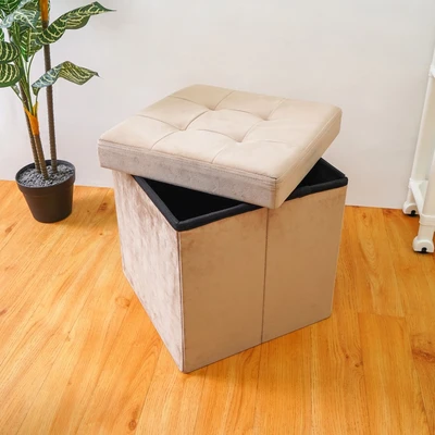 Gambar Stora Bangku Ottoman Lipat Fabric Velvet 38x38 cm - Krem Beige