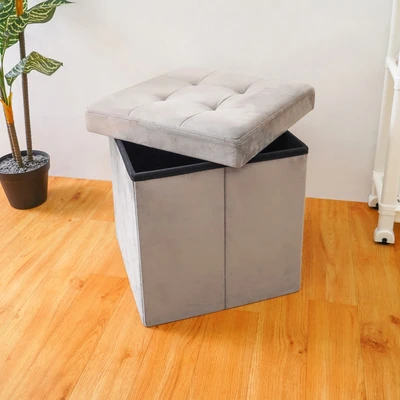 Gambar Stora Bangku Ottoman Lipat Fabric Velvet 38x38 cm - Abu-Abu
