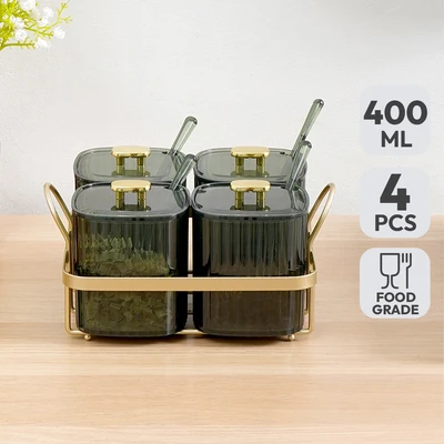 Gambar Informa Ruby Tempat Bumbu Dapur Plastik Dengan Rak 400 ml Set 4 Pcs - Hijau/Gold