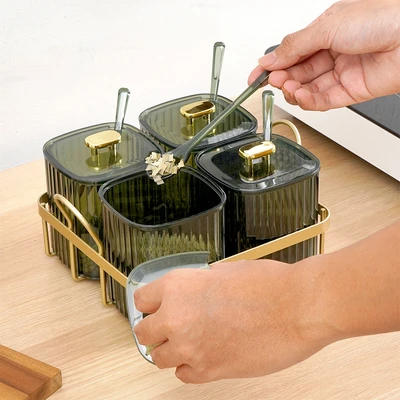 Gambar Informa Ruby Tempat Bumbu Dapur Plastik Dengan Rak 400 ml Set 4 Pcs - Hijau/Gold