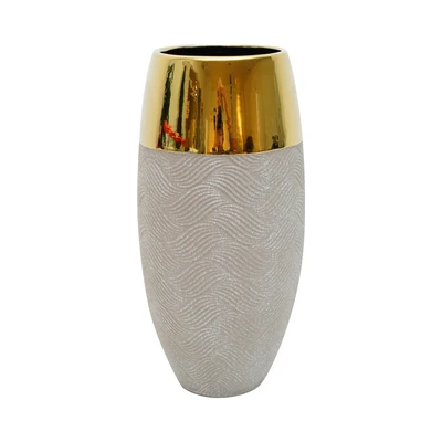 Gambar Informa Vas Bunga Keramik Twotone 15x15x30 cm - Abu-Abu/Gold