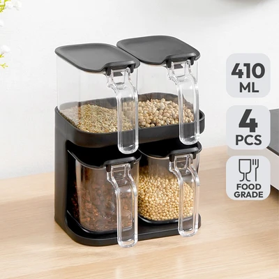 Gambar Informa Clarence Tempat Bumbu Dapur Plastik Dengan Rak 410 ml Set 4 Pcs - Hitam