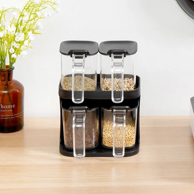 Gambar Informa Clarence Tempat Bumbu Dapur Plastik Dengan Rak 410 ml Set 4 Pcs - Hitam