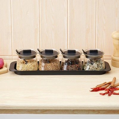 Gambar Informa Callen Tempat Bumbu Dapur Kaca Dengan Nampan Set 4 Pcs - Hitam