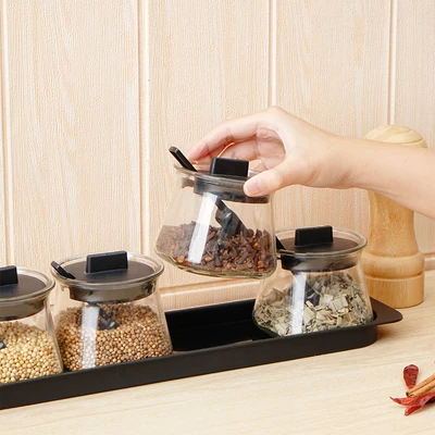 Gambar Informa Callen Tempat Bumbu Dapur Kaca Dengan Nampan Set 4 Pcs - Hitam