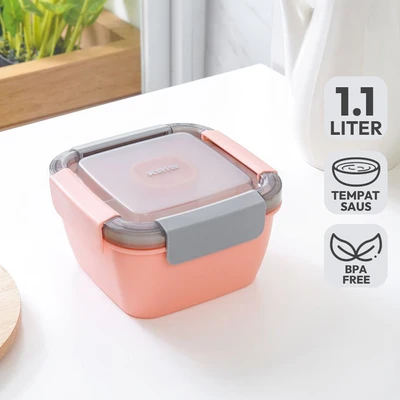 Gambar Kris Kotak Makan Plastik 3 Sekat Dengan Wadah Saus 1.1 Liter - Pink