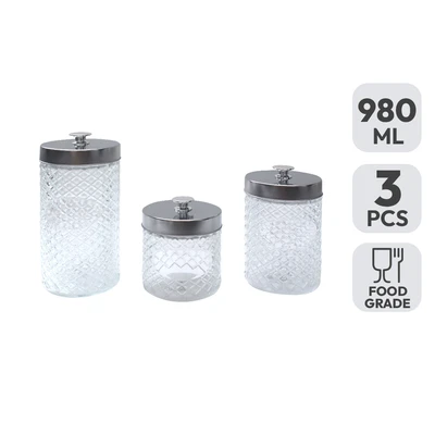 Gambar Picas Stoples Kaca Dengan Tutup Round Set 3 pcs Transparan - Silver