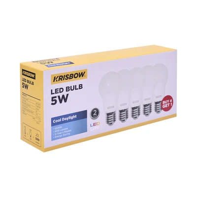 Gambar Krisbow Lumi Bohlam LED 5 Watt 500 Lumen Cool Daylight E27 Set 5 pcs - Putih