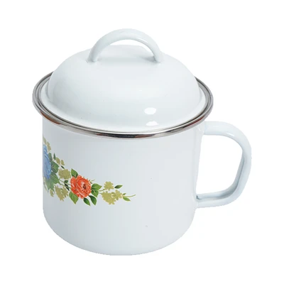 Gambar Kichero Mug Enamel Dengan Tutup Blue Rose 12 cm - Putih