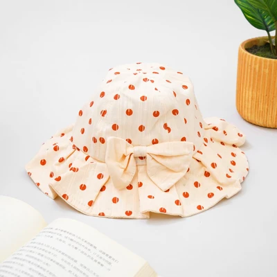 Gambar Ataru Topi Anak Bucket Dengan Ribbon Polkadot - Krem