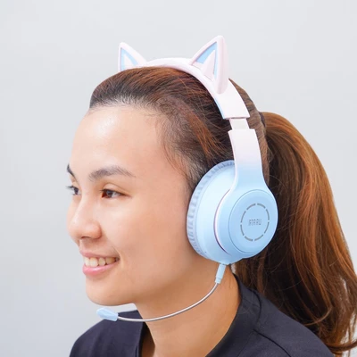 Gambar Ataru Headphone Bluetooth Cat Btc029c - Biru/pink