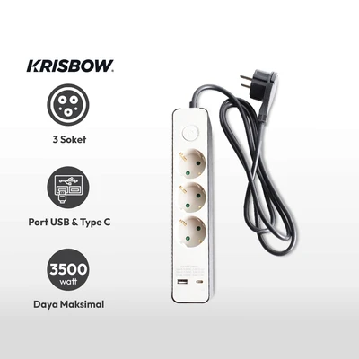 Gambar Krisbow Stop Kontak 3 Socket Dengan Port Usb & Type C - Hitam