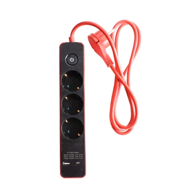 Gambar Krisbow Stop Kontak 3 Socket Dengan Port Usb & Type C - Merah