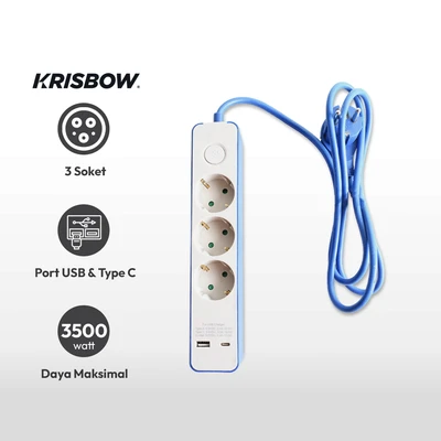 Gambar Krisbow Stop Kontak 3 Socket Dengan Port Usb & Type C - Biru