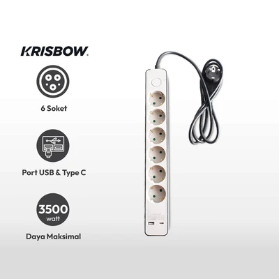 Gambar Krisbow Stop Kontak 6 Socket Dengan Port Usb & Type C - Hitam