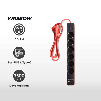 Gambar Krisbow Stop Kontak 6 Socket Dengan Port Usb & Type C - Merah