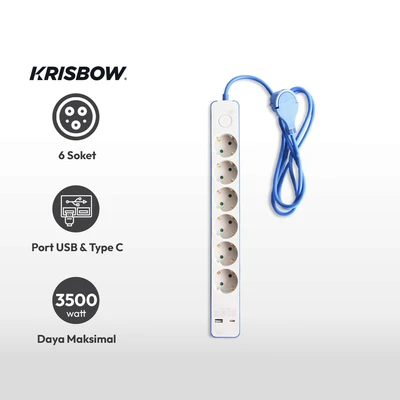 Gambar Krisbow Stop Kontak 6 Socket Dengan Port Usb & Type C - Biru