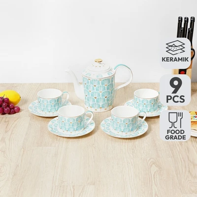 Gambar Appetite Kaiya Teko & Cangkir Teh Keramik Dengan Saucer Set 9 Pcs - Biru
