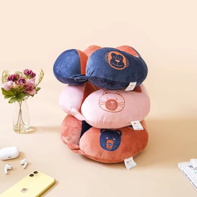 Gambar Ataru Bantal Leher Embroidery Bear - Biru Navy/cokelat