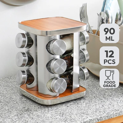 Gambar Informa Thalia Tempat Bumbu Dapur Kaca Dengan Rak 90 ml Set 12 Pcs - Siver