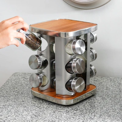 Gambar Informa Thalia Tempat Bumbu Dapur Kaca Dengan Rak 90 ml Set 12 Pcs - Siver