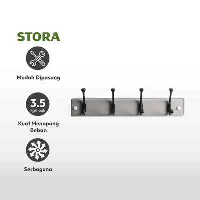 Gambar Stora Gantungan Pakaian Dinding 4 Hooks 45x7x7 cm - Abu-Abu French
