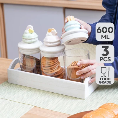 Gambar Informa Stoples Kaca Macaroon Dengan Rak 600 ml Set 3 pcs Transparan - Putih