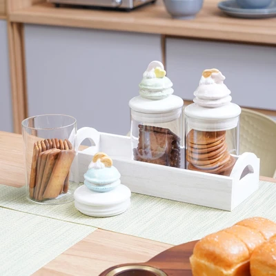 Gambar Informa Stoples Kaca Macaroon Dengan Rak 600 ml Set 3 pcs Transparan - Putih