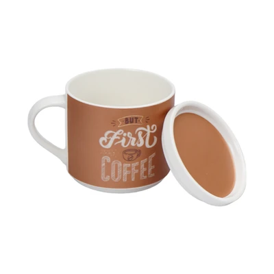 Gambar Delicia Mug Kopi Bone China Dengan Tutup Gelas 410 ml - Cokelat