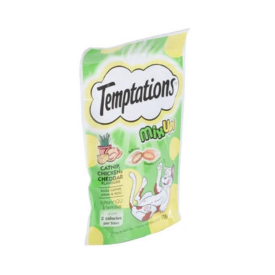 Gambar Temptation Camilan Kucing Mix Ups Catnip Chicken & Cheddar 75 gr