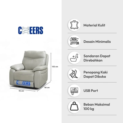 Gambar Cheers Maverick Sofa Recliner Kulit 1 Seater - Abu-Abu