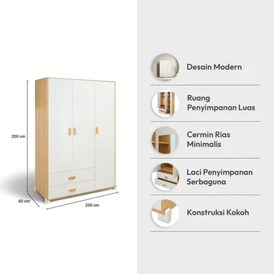 Gambar Informa Alea Lemari Pakaian Anak 3 Pintu - Cokelat Oak/Putih