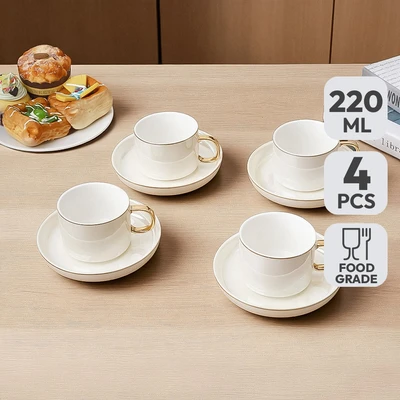 Gambar Appetite Samar Cangkir Dengan Saucer Porcelain 220 ml Set 4 pcs - Putih
