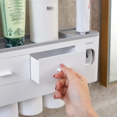 Gambar Stora Tempat Sikat Gigi Dengan 4 Gelas &  2 Laci Penyimpanan
