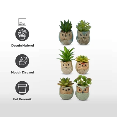 Gambar Arthome Tanaman Artifisial Succulent Dengan Pot Owl 6x6x10 cm Set 2 Pcs - Biru