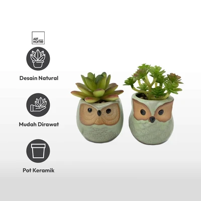 Gambar Arthome Tanaman Artifisial Succulent Dengan Pot Owl 6x6x10 cm Set 2 Pcs - Hijau