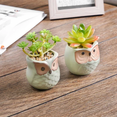 Gambar Arthome Tanaman Artifisial Succulent Dengan Pot Owl 6x6x10 cm Set 2 Pcs - Hijau
