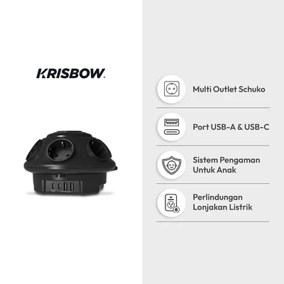 Gambar Krisbow Stop Kontak UFO 6 Soket & 4 Port USB-A/USB-C - Hitam