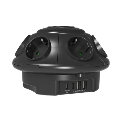 Gambar Krisbow Stop Kontak UFO 6 Soket & 4 Port USB-A/USB-C - Hitam