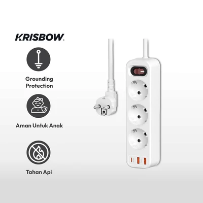 Gambar Krisbow Stop Kontak 3 Soket Dengan USB-C 20 Watt & 2 USB-A