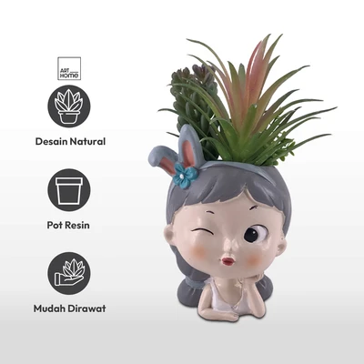 Gambar Arthome Tanaman Artifisial Succulent Dengan Pot Anima Wink 10x9x15 cm - Mix