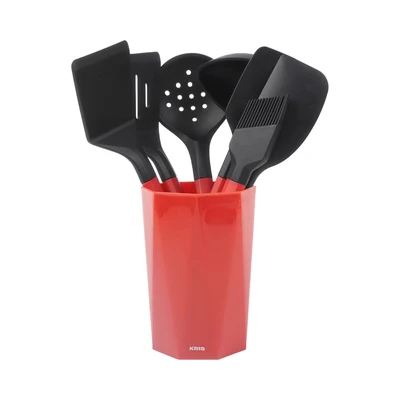 Gambar Kris Peralatan Masak Silikon Dengan Holder Set 8 pcs - Merah/Hitam