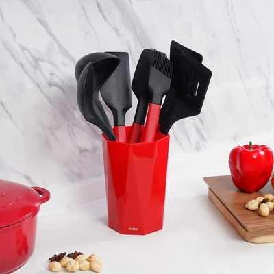Gambar Kris Peralatan Masak Silikon Dengan Holder Set 8 pcs - Merah/Hitam