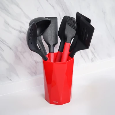 Gambar Kris Peralatan Masak Silikon Dengan Holder Set 8 pcs - Merah/Hitam