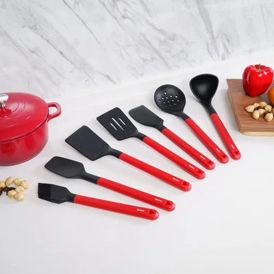 Gambar Kris Peralatan Masak Silikon Dengan Holder Set 8 pcs - Merah/Hitam