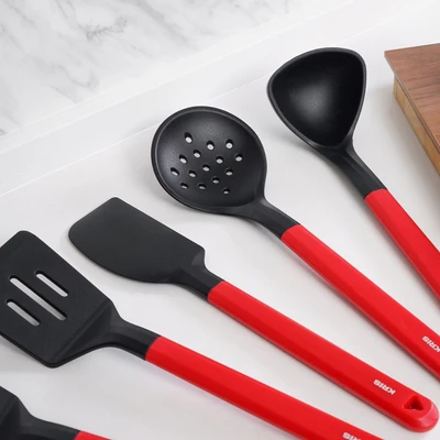 Gambar Kris Peralatan Masak Silikon Dengan Holder Set 8 pcs - Merah/Hitam
