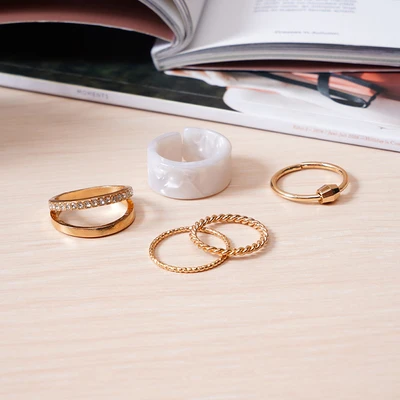 Gambar Ataru Cincin Wanita Set 6 pcs - Putih/Gold