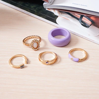 Gambar Ataru Cincin Wanita Set 5 pcs - Ungu/Gold