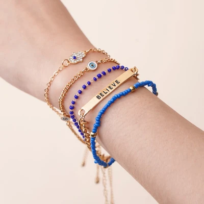 Gambar Ataru Gelang Wanita Eye Set 5 pcs - Biru/Gold