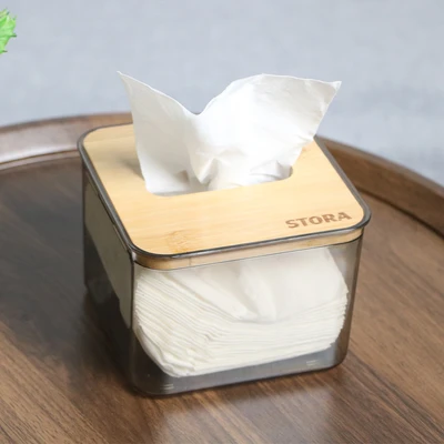 Gambar Stora 11.5x11.5x9 cm Kotak Tisu Dengan Tutup Bambu - Abu-Abu Smoke